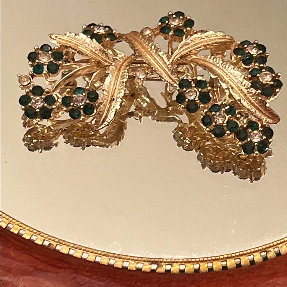 Coro green and clear rhinestones floral Brooch